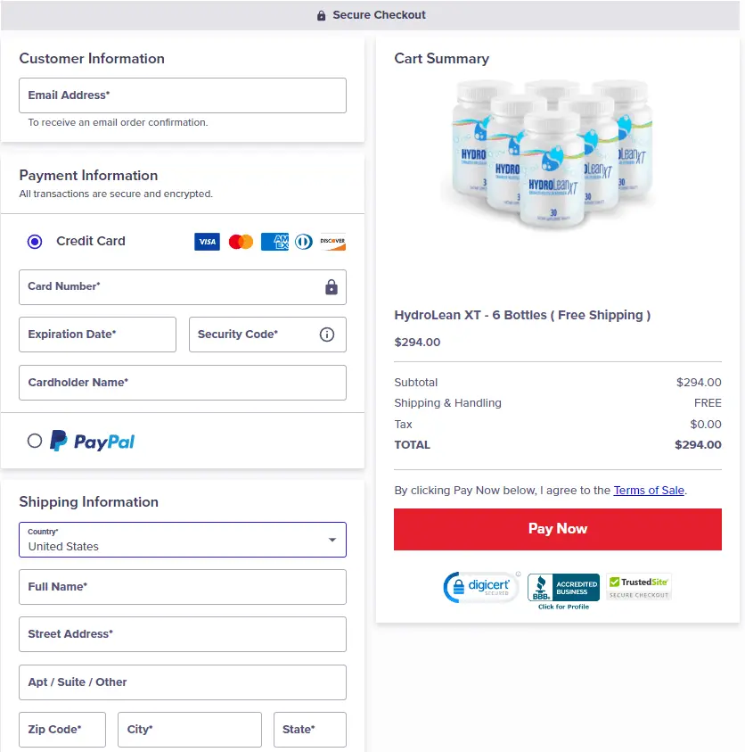 HydroLean XT order page